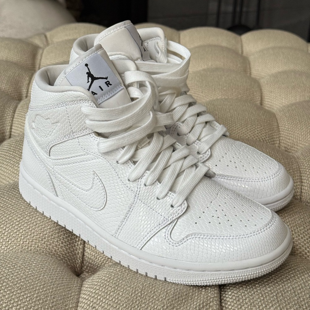 Woman’s Nike Air Jordan 1 Mid - White Snake Skin All-White Sneakers